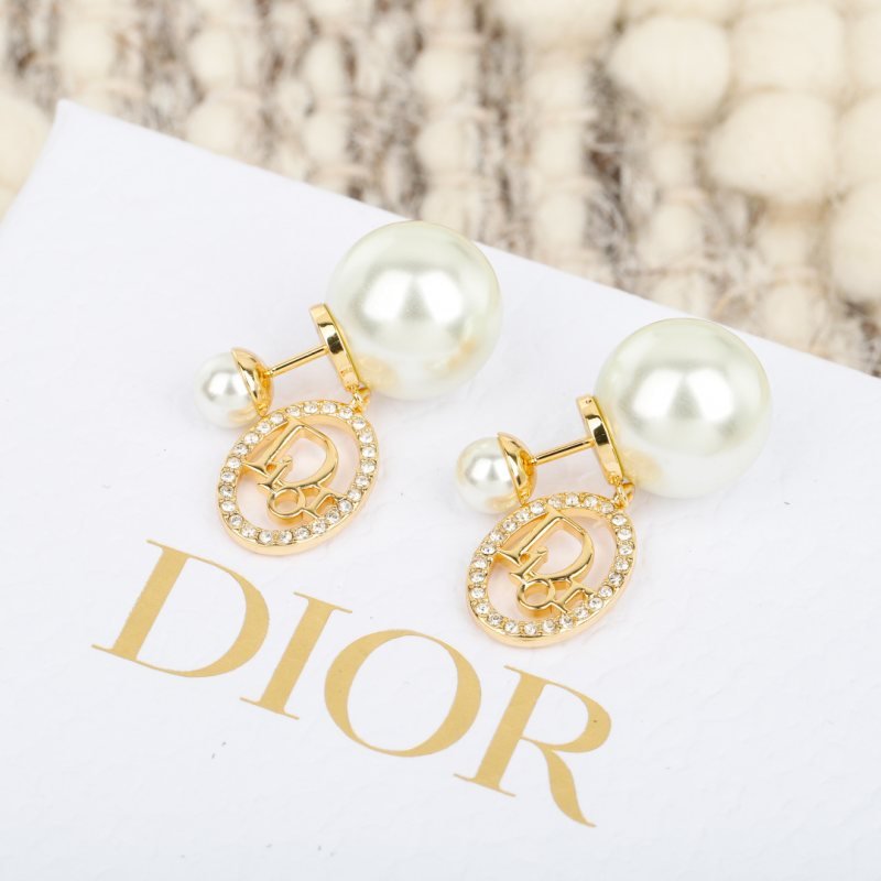 Dior Tribales earrings gold-tone metal white resin pearl clear crystal 1 2cm diameter large pearl 1cm charm drop
