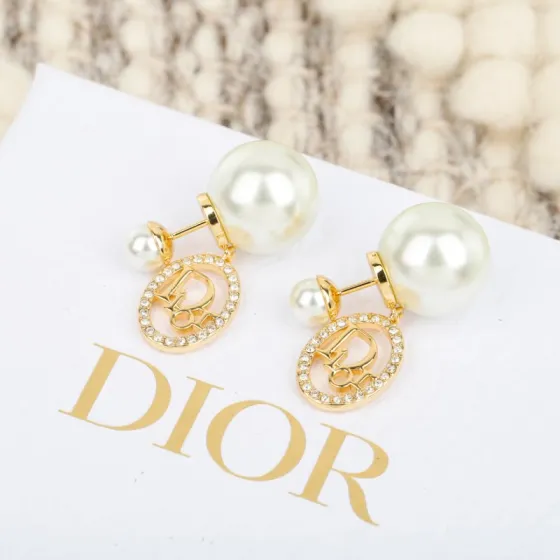 Dior Tribales earrings gold-tone metal white resin pearl clear crystal 1 2cm diameter large pearl 1cm charm drop