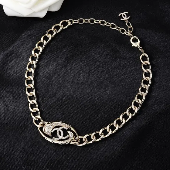 Chanel CC Crystal Curb Chain Choker necklace light gold metal with clear crystal accents 40cm with 5cm extender