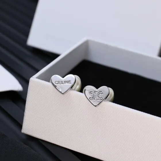 Celine PRECIOUS Heart Triomphe Pearl Stud Earrings earrings Silver-tone Gold-tone metal with cream white faux pearl 1cm stud diameter