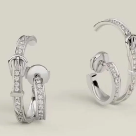 Hermes Belt Buckle Double Hoop Earrings earrings Silver-toned metal with clear pave diamonds also available in yellow gold-toned metal with clear pave diamonds rose gold-toned metal with clear pave diamonds 1 5cm outer hoop diameter