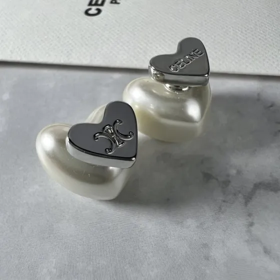 Celine Triomphe Heart Pearl Stud Earrings earrings silver-toned metal with cream white faux pearl 1 5cm stud diameter