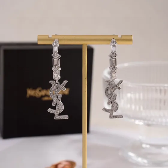 Saint Laurent Cassandre YSL Monogram Crystal Hoop Drop Earrings earrings silver-toned metal with clear crystal accents 3cm hoop diameter 5 5cm total drop length
