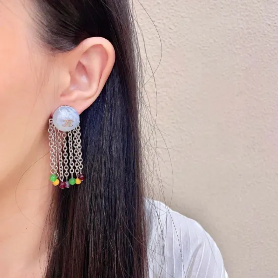 Chanel CC Logo Multicolor Bead Chain Fringe Drop Earrings earrings Silver-tone metal pale blue marbled resin multicolor green yellow burgundy purple accent beads Approximately 4 5cm drop length