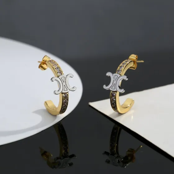 Celine Triomphe earrings Two-tone gold and silver metal with clear crystal accents 20mm hoop diameter
