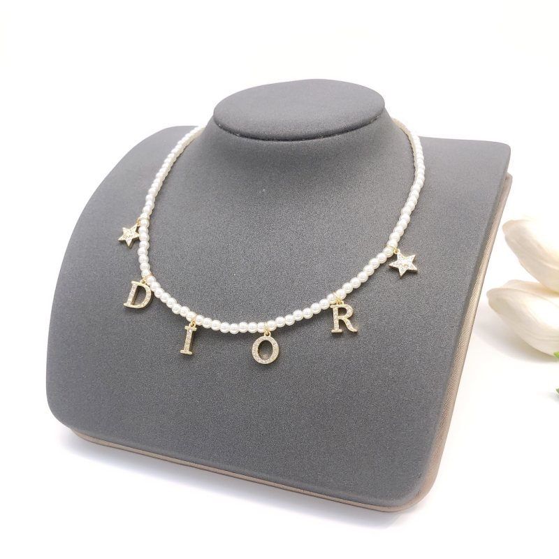 Dior DXL0046 Pearl Letter Star Charm Choker necklace Gold-tone metal white faux pearl clear crystal 40cm