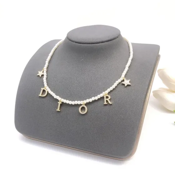 Dior DXL0046 Pearl Letter Star Charm Choker necklace Gold-tone metal white faux pearl clear crystal 40cm