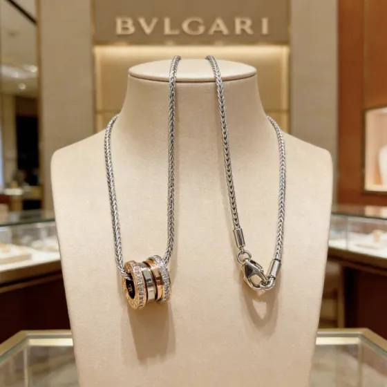 Bvlgari B zero1 necklace Silver-toned stainless steel 18k rose gold clear pave diamonds black ceramic 60cm