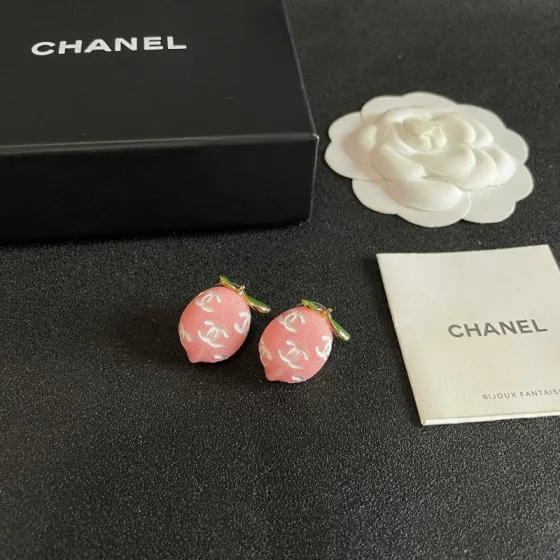 Chanel CC Lemon Fruit Stud Earrings earrings Gold-tone metal pink resin with white interlocking CC logos green enamel leaf accents One Size approx 2cm drop length