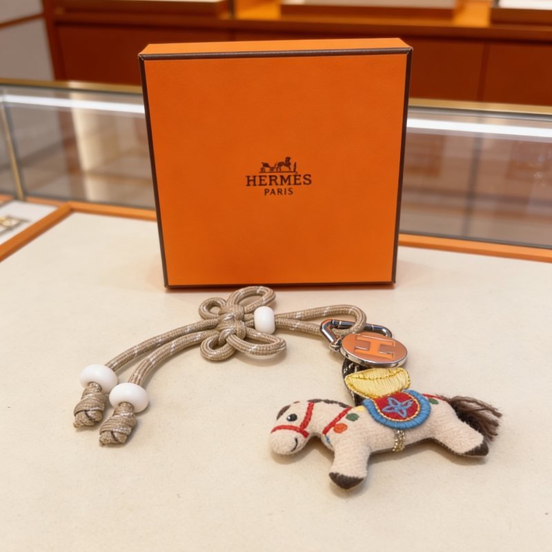 Hermes Rodeo Horse Charm Keychain pendant Silver-tone metal with orange enamel H logo beige braided cord with white resin beads off-white felt horse charm with multicolor embroidered accents and brown mane tail 12cm total length