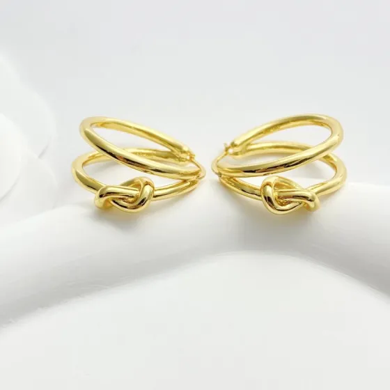 Celine Knot Double Hoop earrings gold tone metal no gemstones 2 5cm diameter