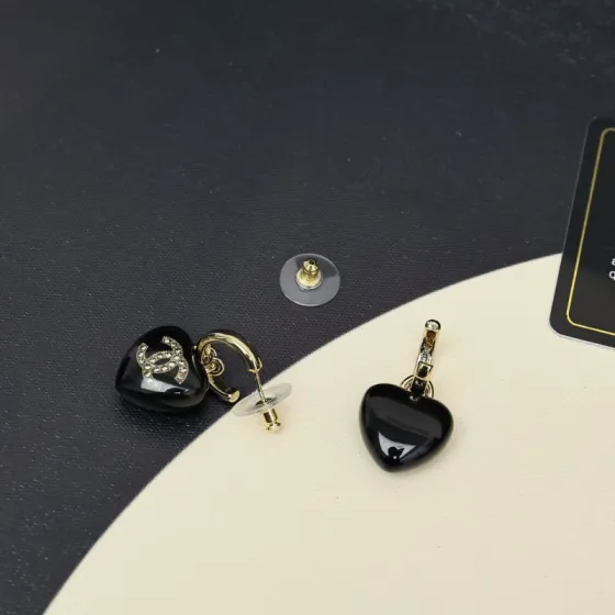 Chanel CC Black Heart Drop Earrings earrings Gold-tone metal glossy black resin clear crystal accents One Size drop length approx 2cm
