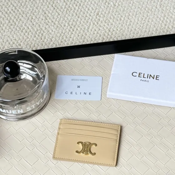 Celine Triomphe card holder beige leather with gold-tone metal hardware 10 5cm x 7