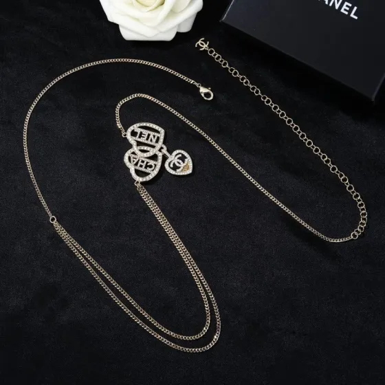 Chanel Goose Heart Logo Letter Waist Chain necklace light gold metal with clear crystal rhinestones 80cm with 15cm extension