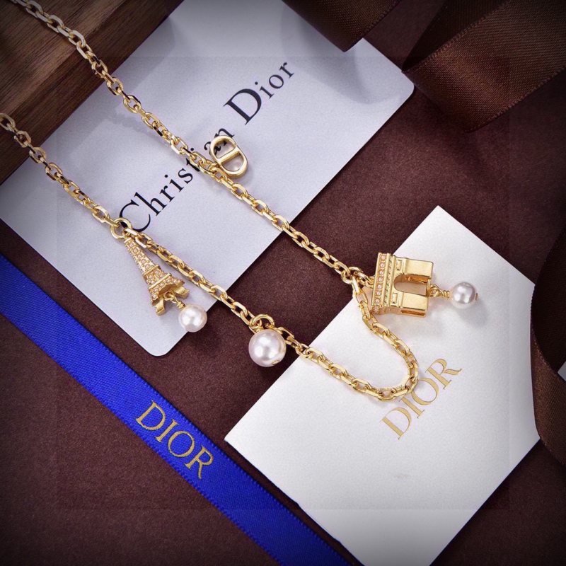 Dior Paris Landmark Charms necklace gold-tone metal with white pearls and clear crystal accents 42cm with 5cm extender