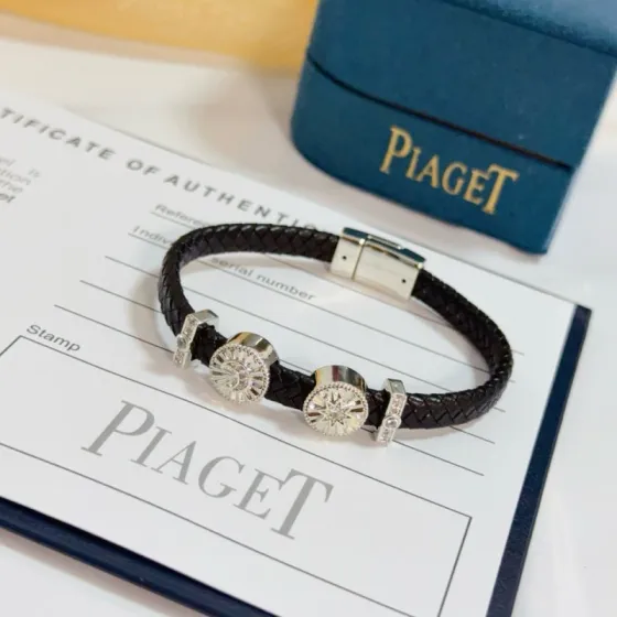 Piaget Possession Sun and Moon bracelet Black braided leather silver-toned metal clear diamond accents 19cm