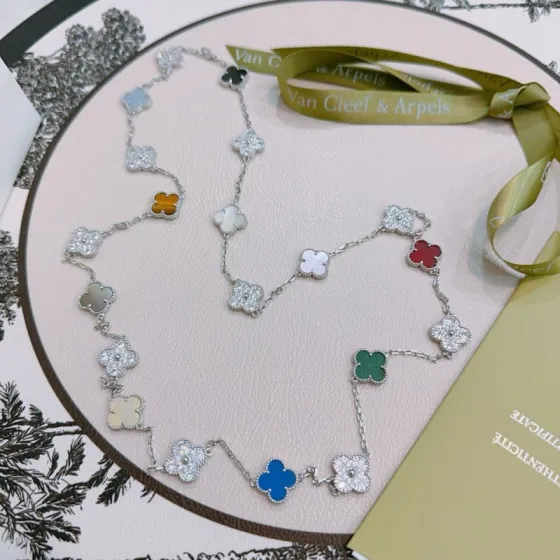 Van Cleef Arpels Alhambra necklace Silver-toned metal with multicolor stones including black onyx gray chalcedony diamond-pave tiger s eye white mother-of-pearl pink mother-of-pearl red carnelian gray mother-of-pearl cream mother-of-pearl green malachite blue agate pink opal green mother-of-pearl 80cm