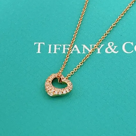 Tiffany Co Open Heart necklace 18k rose gold 18k yellow gold sterling silver with clear diamond accents 16 inches