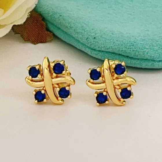 Tiffany Signature X earrings yellow gold with blue sapphire stones 8mm stud diameter