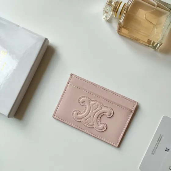 Celine Triomphe card holder pale pink smooth leather with matching tone embossed Triomphe logo 10 5 x 7cm