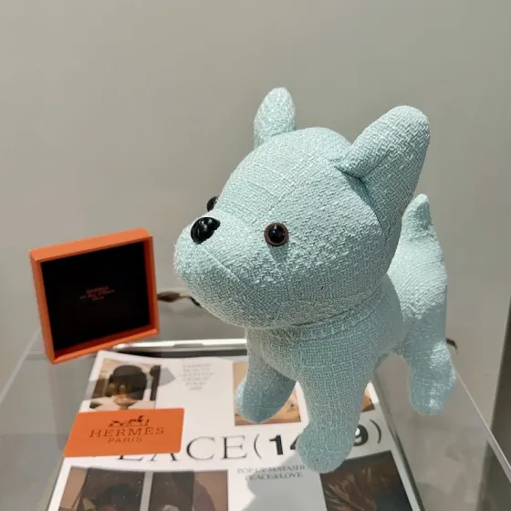 Hermes Buldog Plush Charm pendant Mint blue fabric with black plastic nose and brown plastic eyes 28cm