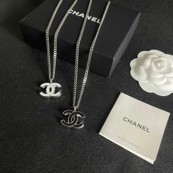 Chanel CC Logo Enamel Pendant Necklace necklace Silver-toned metal with black enamel 42cm