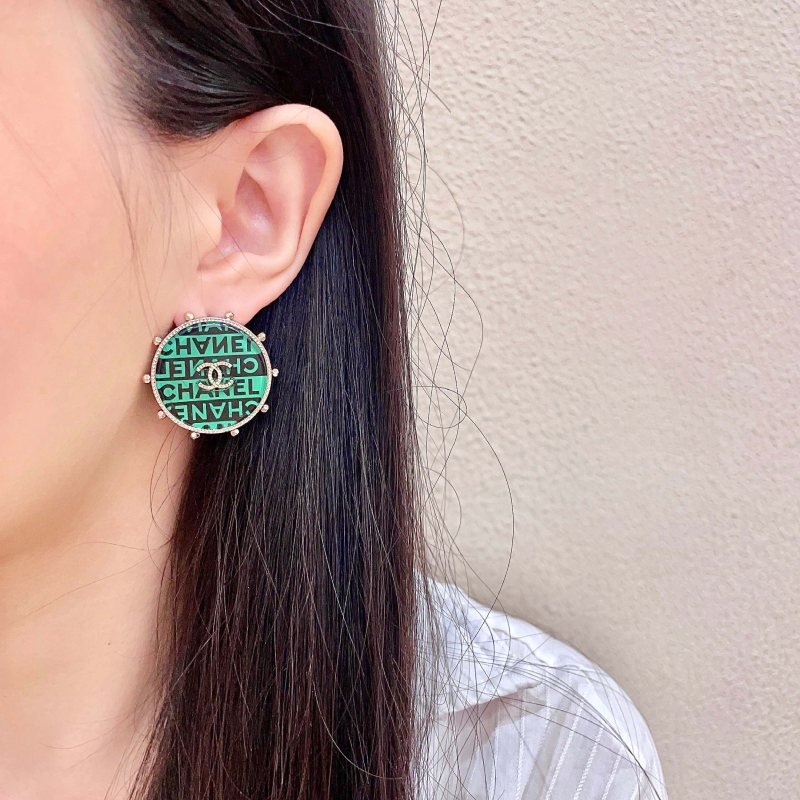 Chanel CC Logo Round Stud Earrings earrings Gold-tone metal with green and black enamel clear crystal accents 2 5cm diameter