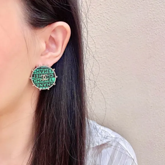 Chanel CC Logo Round Stud Earrings earrings Gold-tone metal with green and black enamel clear crystal accents 2 5cm diameter