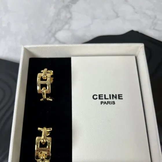 Celine Chain Link Hoop earrings gold tone metal no gemstones 2 5cm diameter