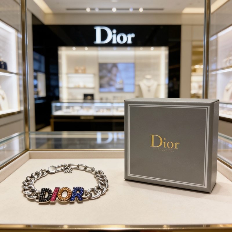 Dior DIOR Logo Crystal Chain Bracelet bracelet Silver-tone metal with black pink orange blue crystal accents 19cm