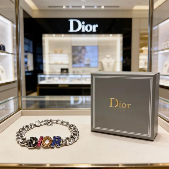 Dior DIOR Logo Crystal Chain Bracelet bracelet Silver-tone metal with black pink orange blue crystal accents 19cm