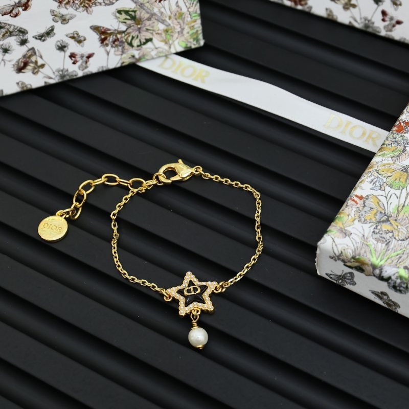 Dior Cruise CD Star Pearl Bracelet bracelet gold-tone metal black enamel white faux pearl clear crystal accents 17cm with 3cm extender