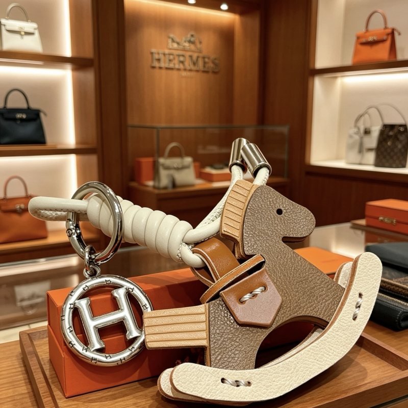 Hermes Rocking Horse H Logo Keychain Charm pendant Silver palladium hardware taupe brown cream white tan leather white cord 12cm total length