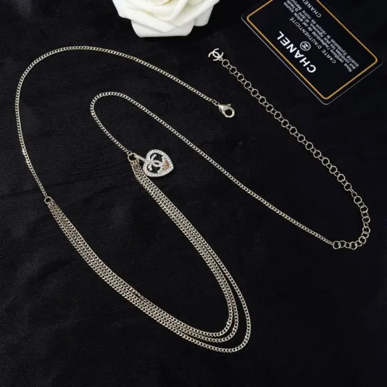 Chanel Goose Heart CC Pendant Waist Chain necklace Light gold metal clear crystal black enamel champagne crystal 80cm with 10cm extension