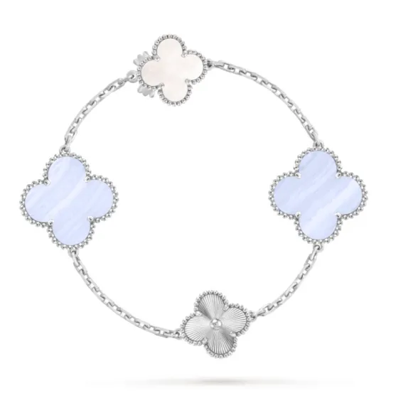 Van Cleef Arpels Alhambra bracelet White gold with white mother-of-pearl chalcedony and guilloche white gold clover motifs 19cm
