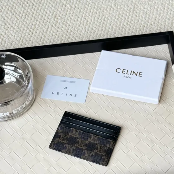 Celine Triomphe Canvas Card Holder card holder black coated canvas with brown triomphe monogram black smooth leather trim silver-tone logo print 10 5cm x 7
