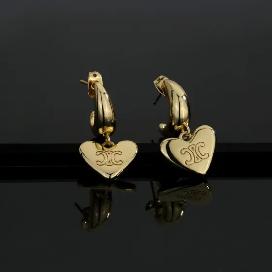 Celine Triomphe Heart Drop Hoop Earrings earrings polished gold-tone metal no accent stones 1 5cm hoop diameter 2 5cm total drop length