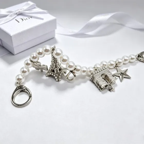 Dior Paris Landmark Charms Pearl Bag Charm Bracelet bracelet Silver-toned metal with white faux pearls 18cm