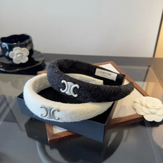 Celine Triomphe Padded Headband brooch Off-white wool with silver-tone Triomphe logo Black wool with silver-tone Triomphe logo One Size 4cm width