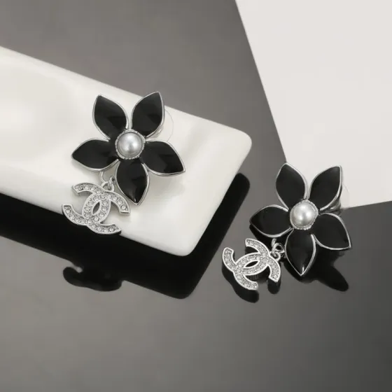 Chanel CC Logo Black Flower Pearl Drop Earrings earrings Silver-tone metal black enamel white faux pearl clear crystal One size drop length approx 2 5cm