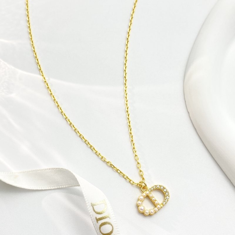 Dior Petit CD necklace gold-tone metal white faux pearl clear crystal 42cm with 5cm extender