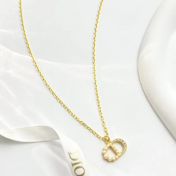 Dior Petit CD necklace gold-tone metal white faux pearl clear crystal 42cm with 5cm extender