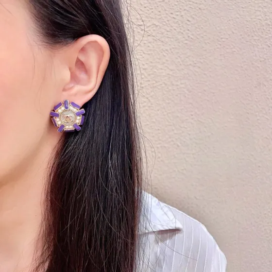 Chanel CC Logo Sunburst Stud Earrings earrings Gold tone metal purple enamel white faux pearl clear textured center 2cm diameter