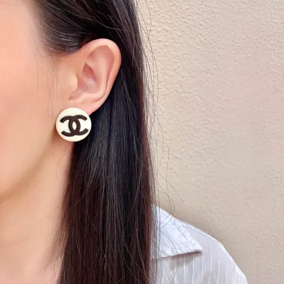 Chanel CC Logo Round Stud Earrings earrings Cream white resin base with black enamel CC logo 2cm diameter