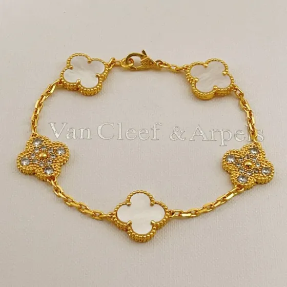 Van Cleef Arpels Vintage Alhambra bracelet Yellow gold with white mother-of-pearl and clear diamond accents 18cm