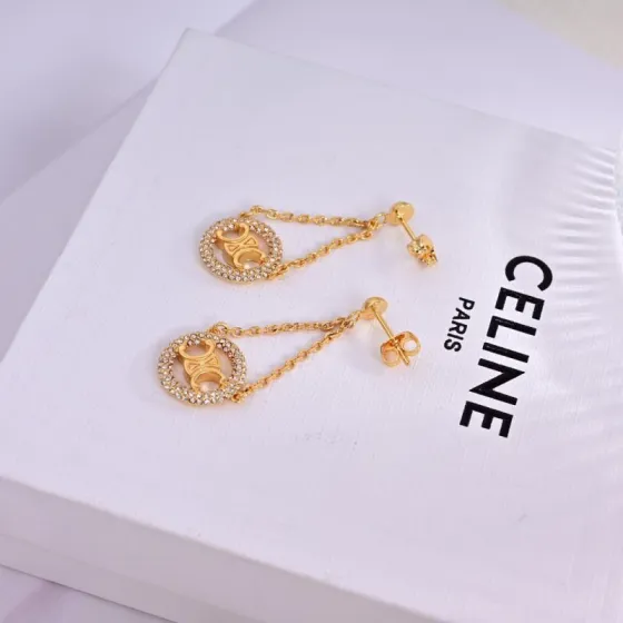 Celine Triomphe Crystal Chain Drop Earrings earrings gold-tone metal with clear crystal accents 3cm drop length