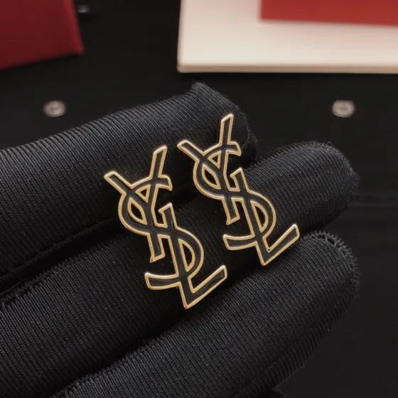 Saint Laurent YED0096 Cassandre Monogram earrings gold-tone metal with black enamel 2 5cm stud length