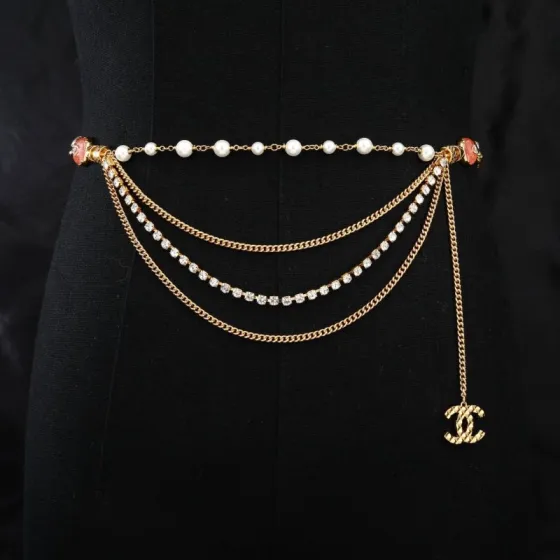 Chanel CC Logo Multi-Strand Pearl Crystal Waist Chain necklace Gold-tone metal white faux pearl clear crystal coral pink enamel 85cm