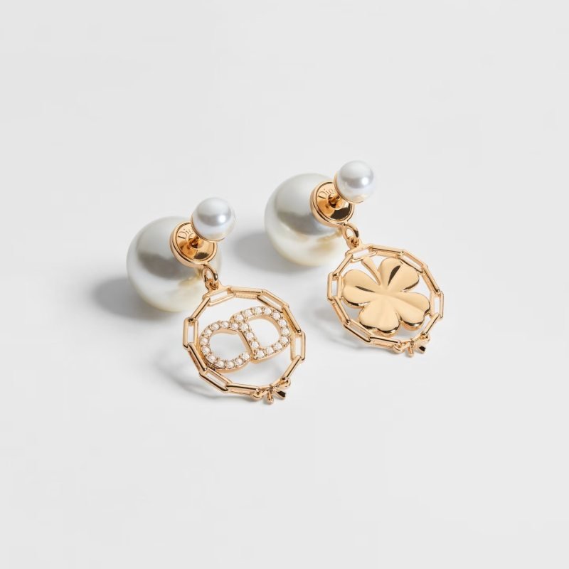 Dior Tribales Clover CD Logo Drop Earrings earrings Gold-tone metal white resin pearls clear crystal accents One size drop length approx 2 5cm