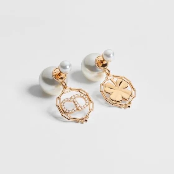 Dior Tribales Clover CD Logo Drop Earrings earrings Gold-tone metal white resin pearls clear crystal accents One size drop length approx 2 5cm
